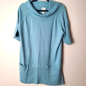 Chico's Blue Cotton/Nylon/Angora Short Sleeve Cowl Neck Pocket Sweater - XL